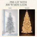Silberner Lametta-Weihnachtsbaum 1,8 m – Schlank mit 300 LED-Lichtern