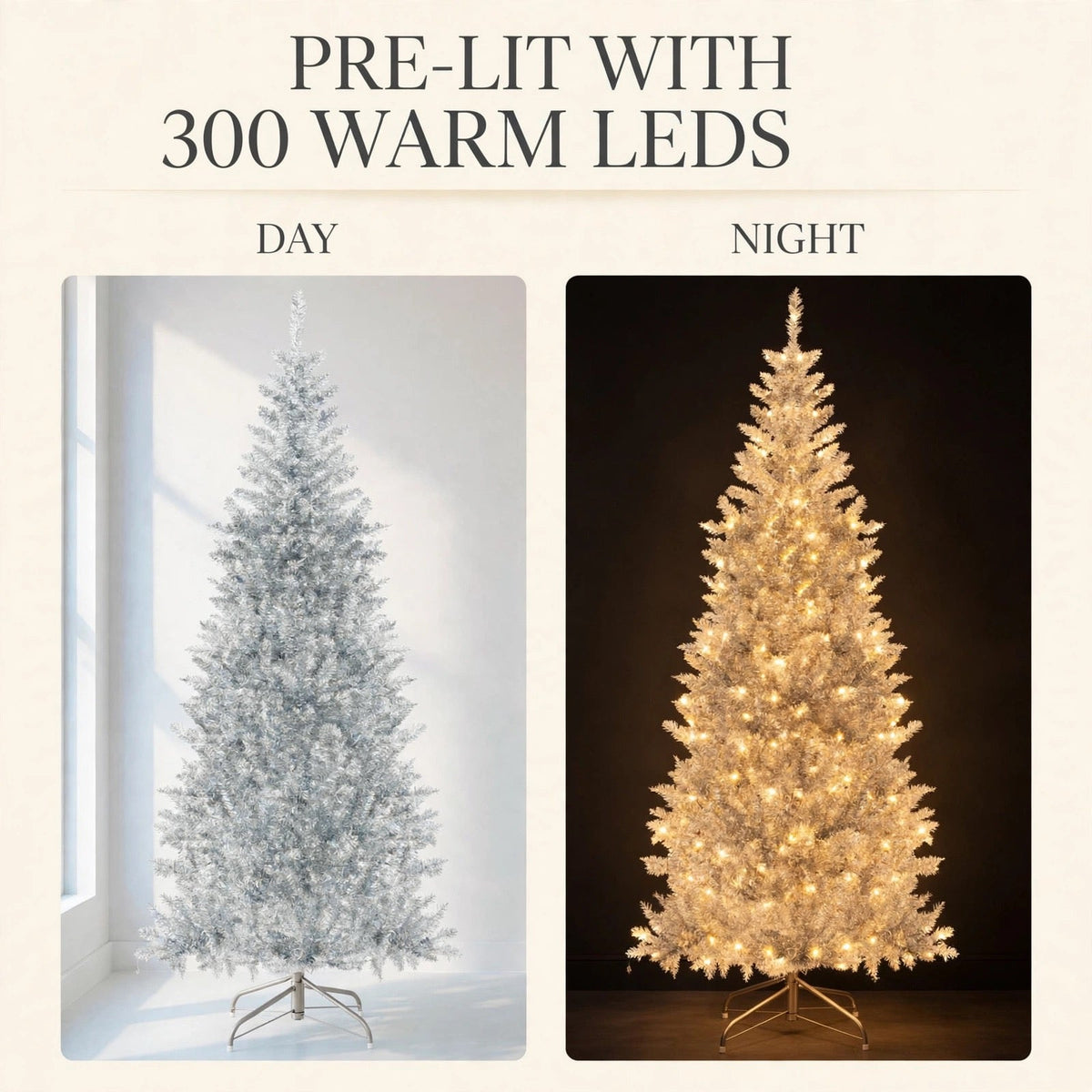 Silberner Lametta-Weihnachtsbaum 1,8 m – Schlank mit 300 LED-Lichtern