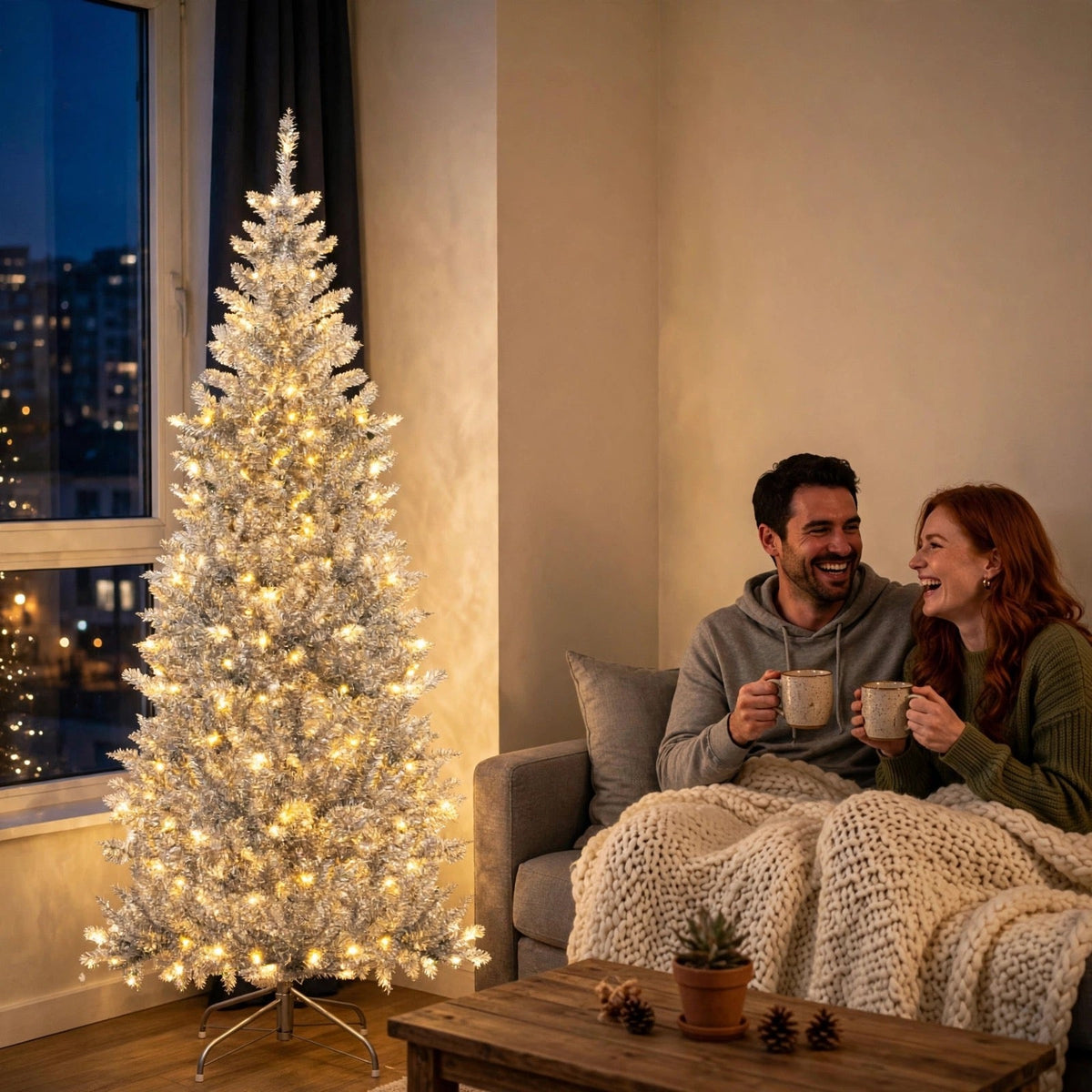 Silberner Lametta-Weihnachtsbaum 1,8 m – Schlank mit 300 LED-Lichtern
