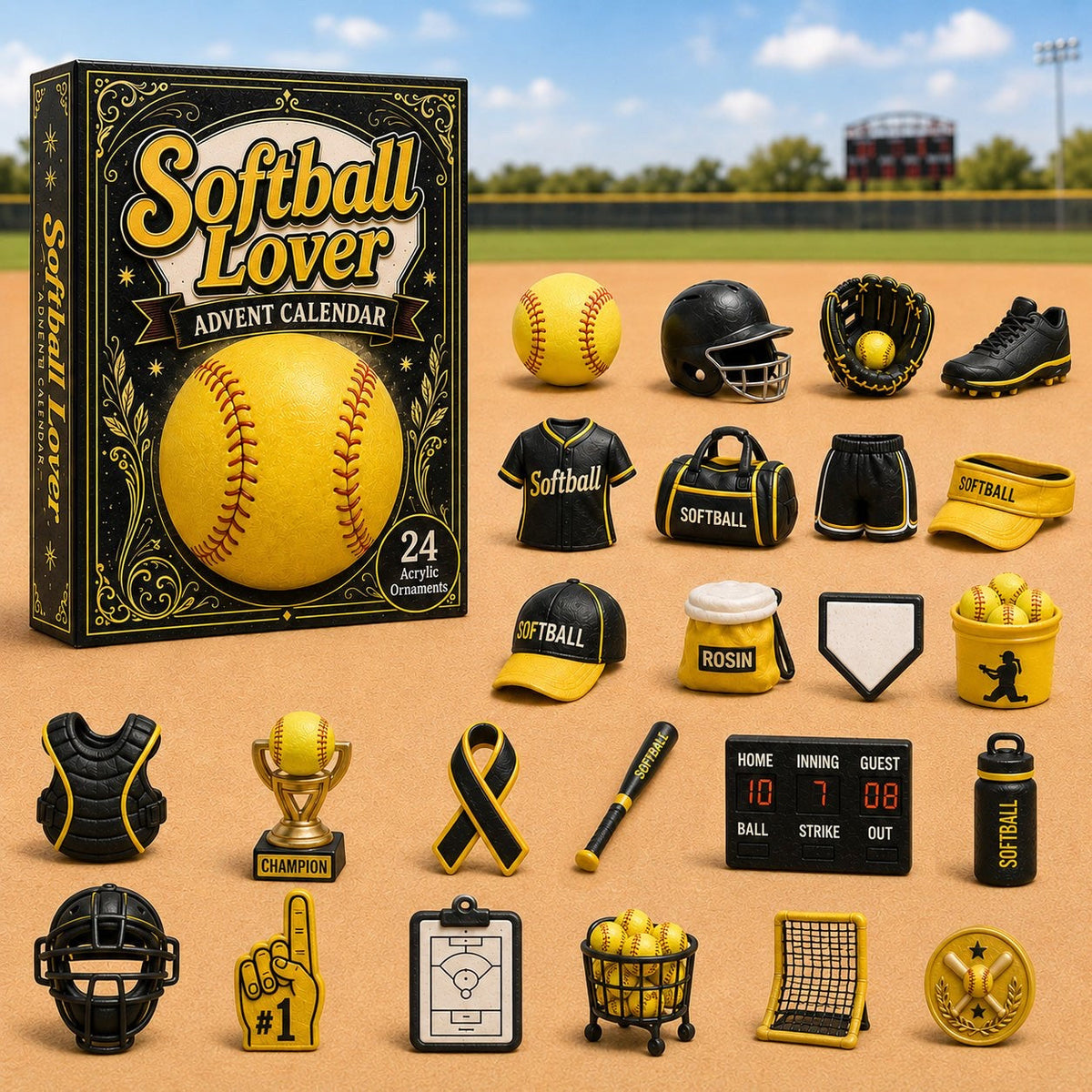 Softball-Adventskalender 2026 - 24 Acryl-Anhänger, Geschenk für Softballer