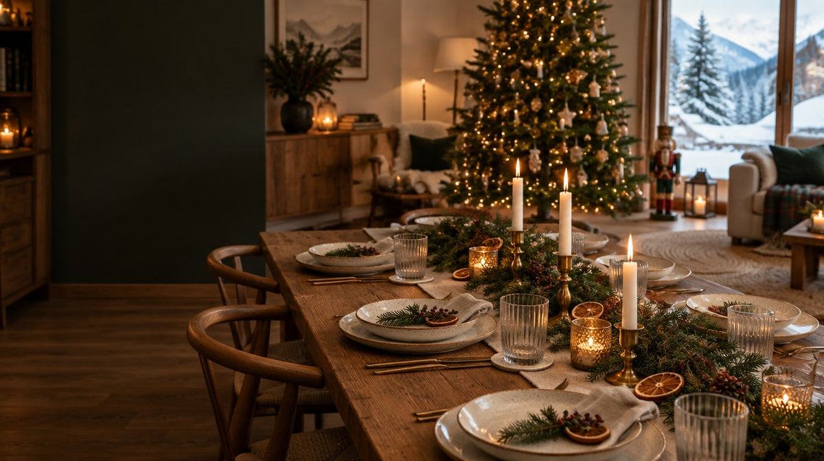 Festlich gedeckter Weihnachtstisch mit Steinzeug, Gläsern und Kerzen