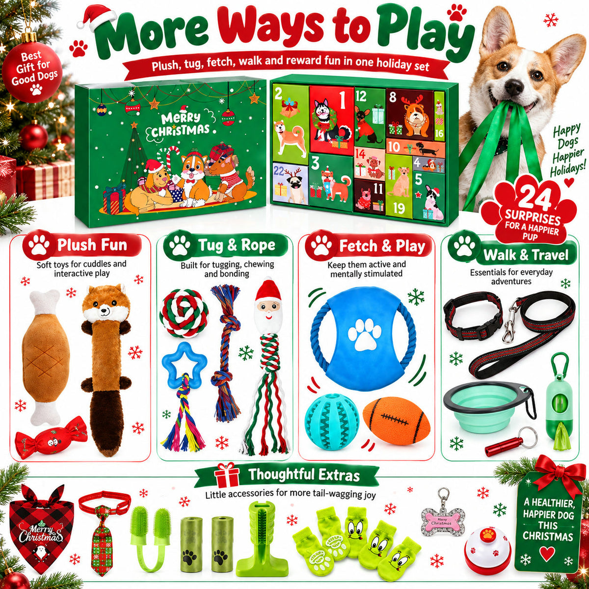 Weihnachts-Hundegeschenk-Adventskalender - 24 Spielzeuge für Hunde