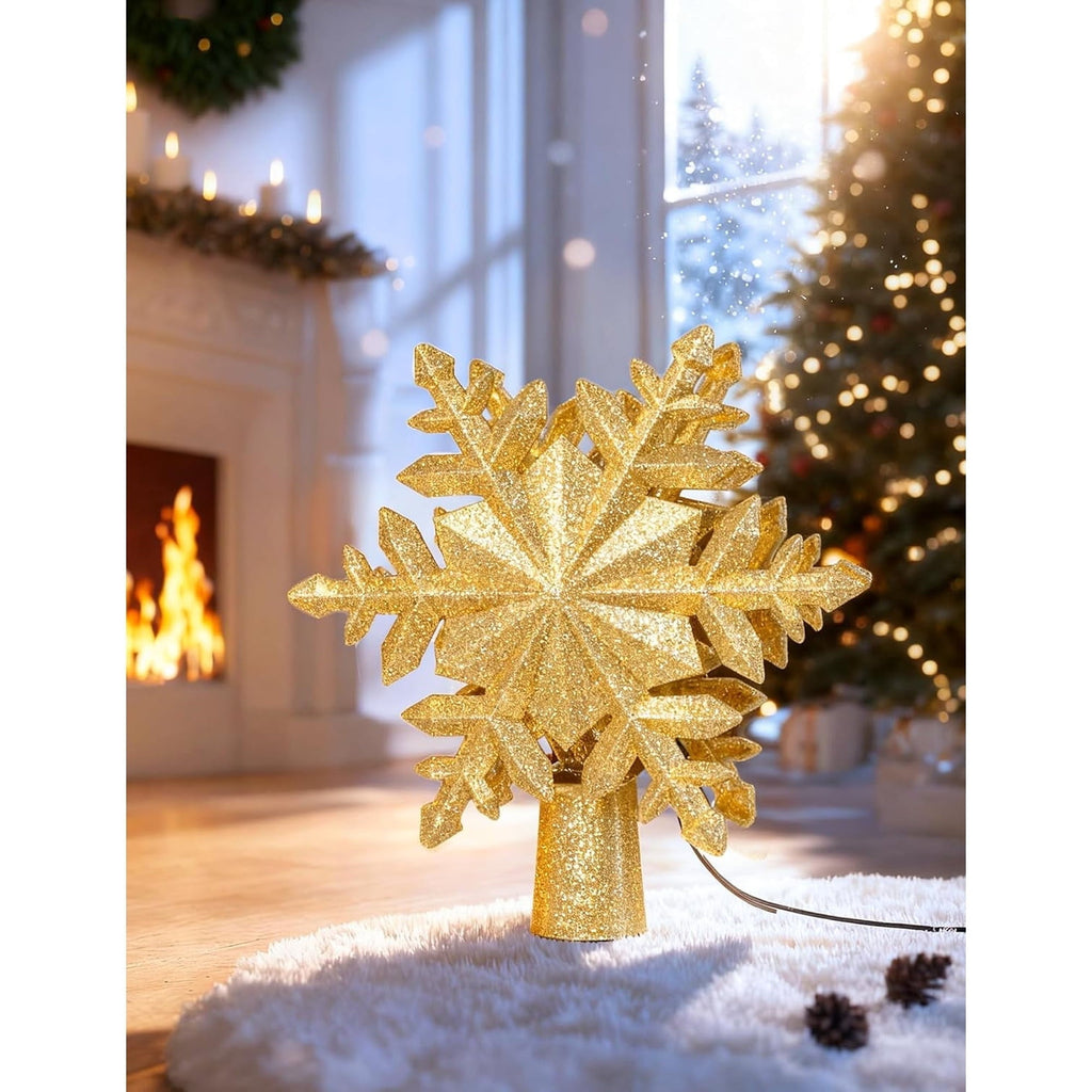 Weihnachtsbaumspitze mit rotierendem Schneeflocken-Projektor - Goldene Glitzer-Schneeflocke