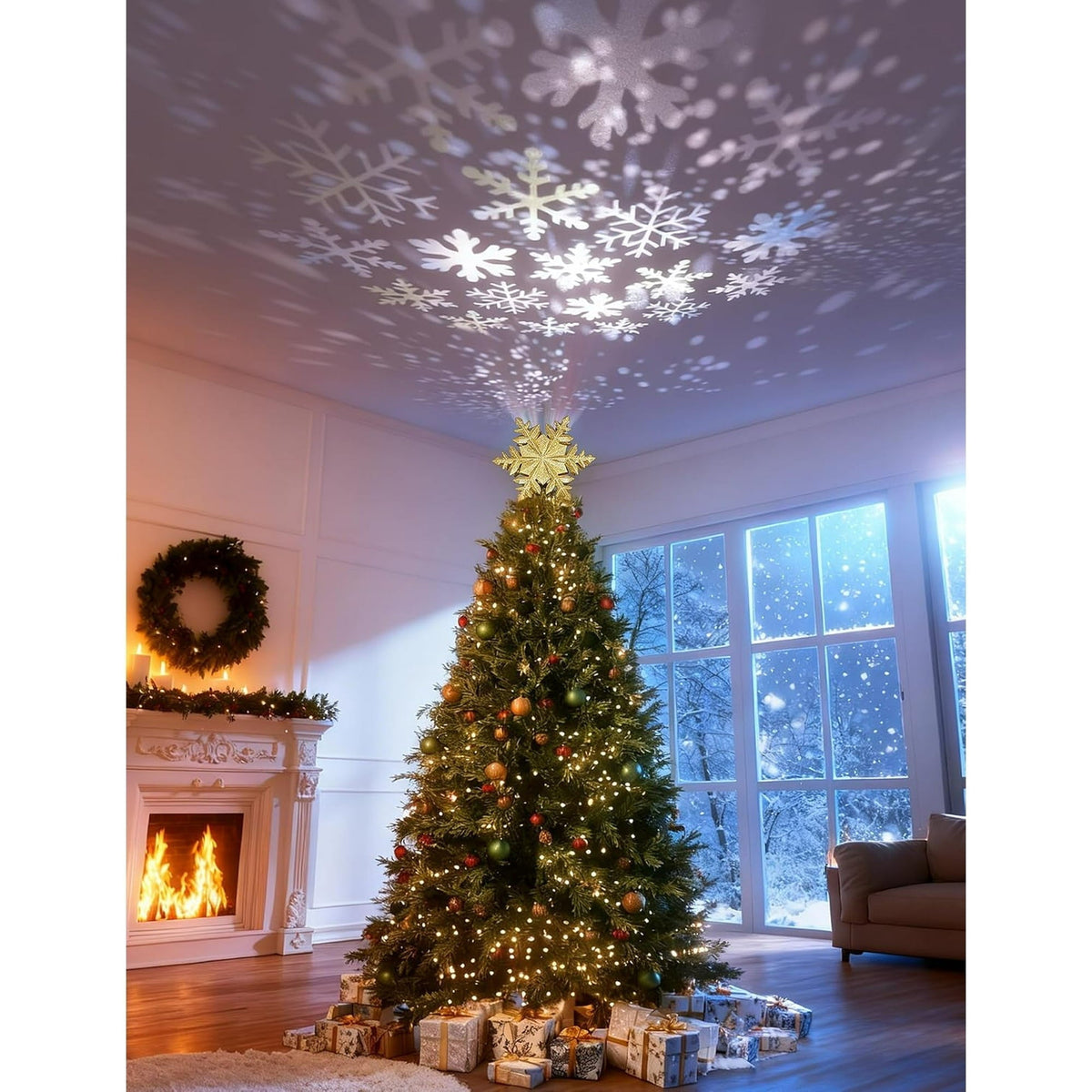 Weihnachtsbaumspitze mit rotierendem Schneeflocken-Projektor - Goldene Glitzer-Schneeflocke