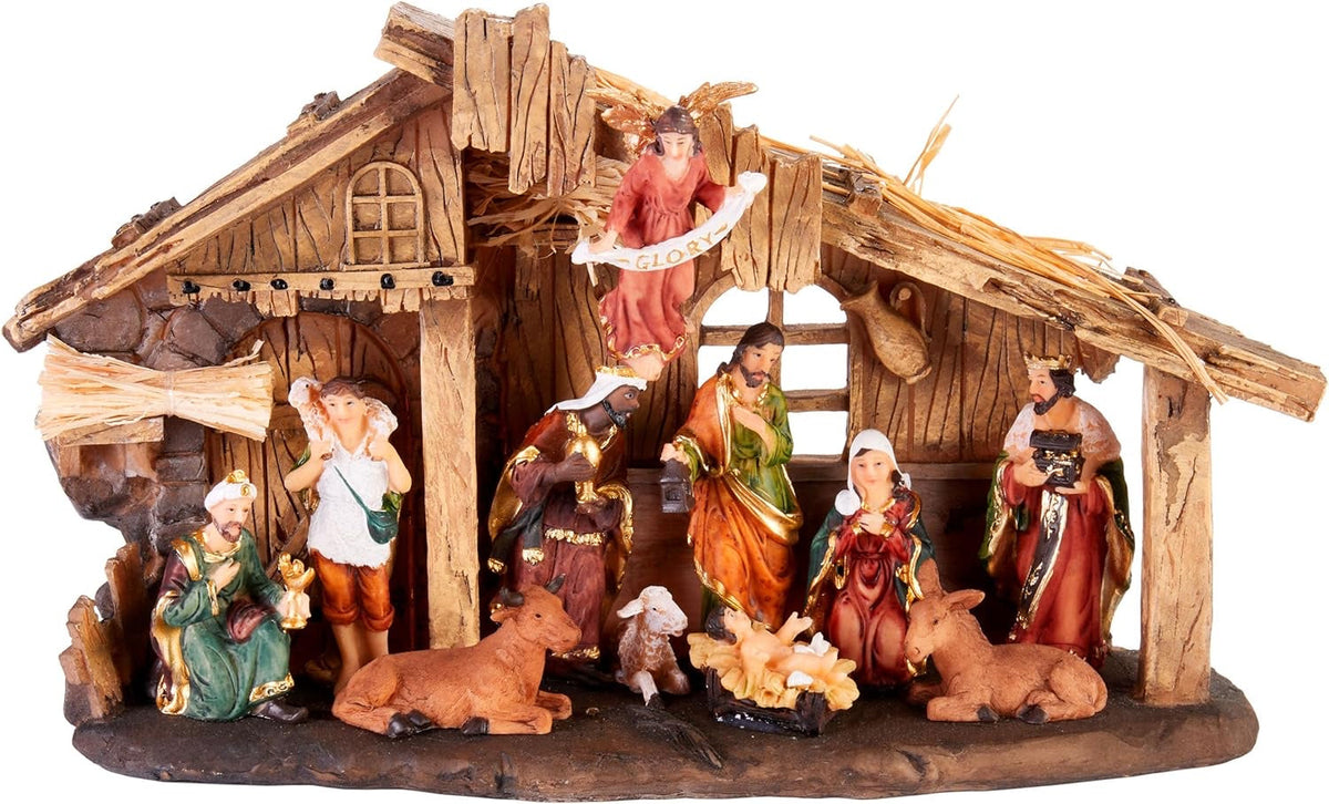 Weihnachtskrippe mit 11 handbemalten Weihnachtsfiguren aus Resin