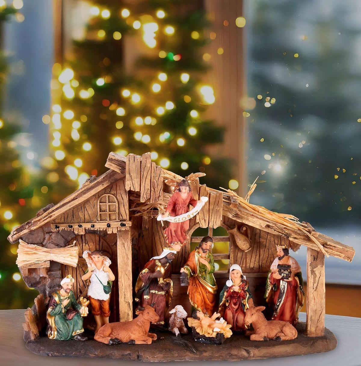 Weihnachtskrippe mit 11 handbemalten Weihnachtsfiguren aus Resin