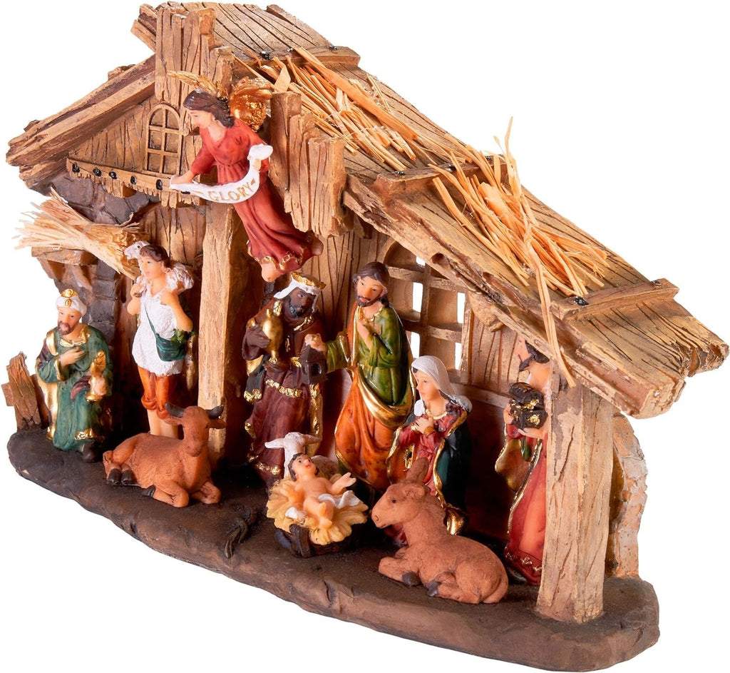 Weihnachtskrippe mit 11 handbemalten Weihnachtsfiguren aus Resin