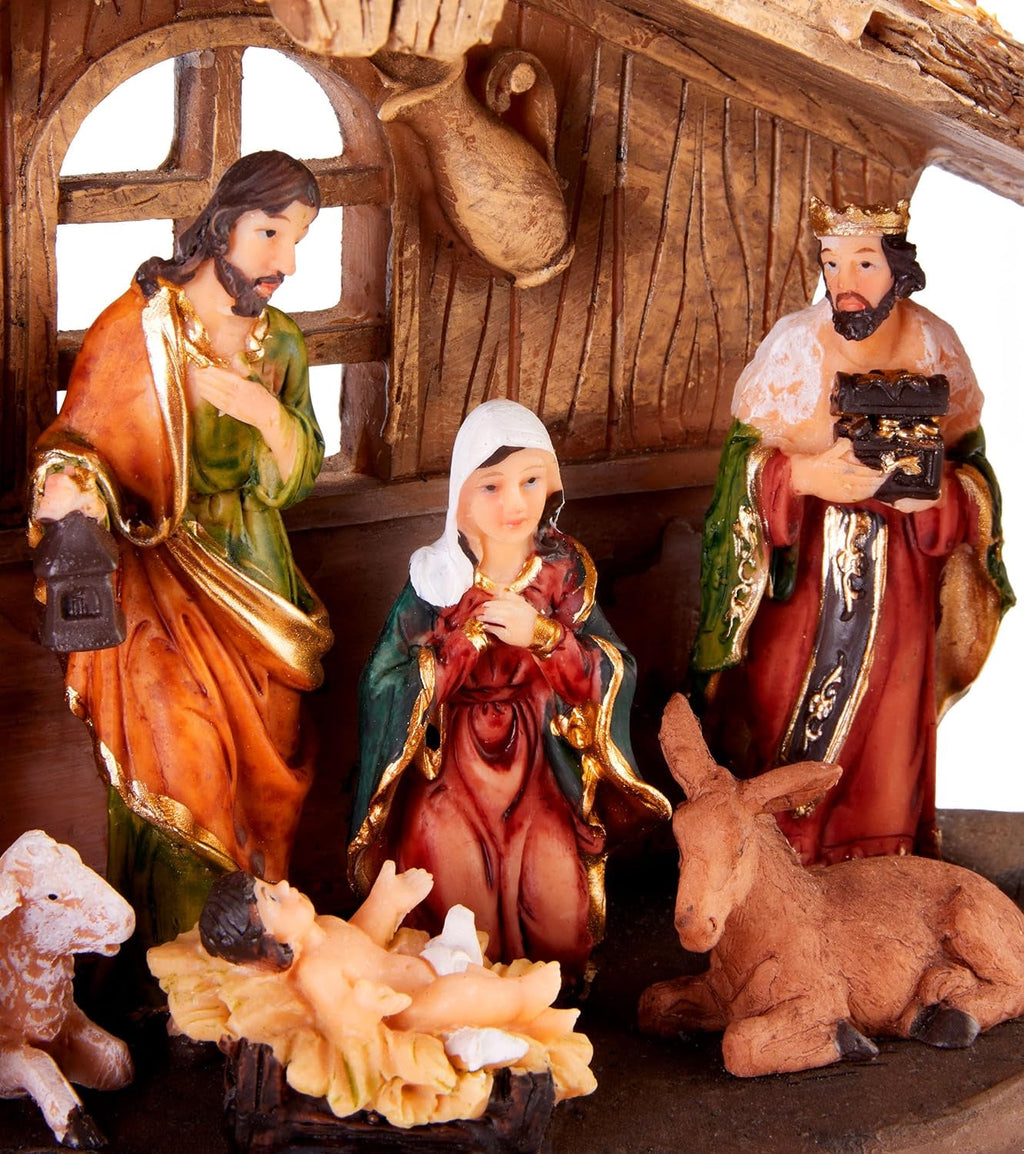 Weihnachtskrippe mit 11 handbemalten Weihnachtsfiguren aus Resin