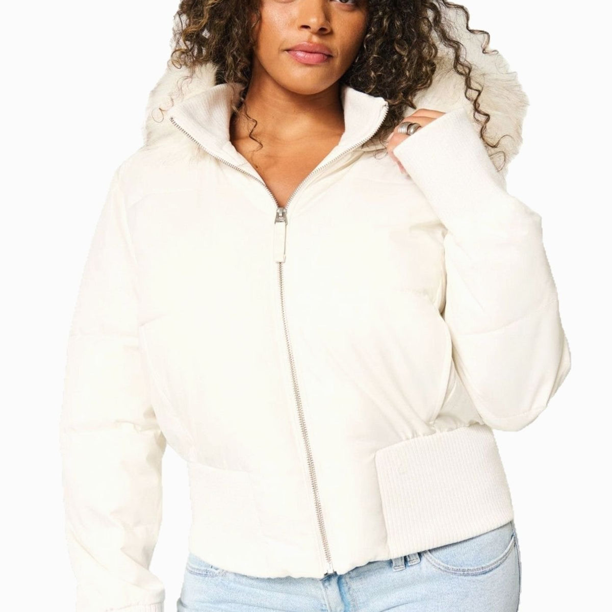 Kurze Pufferjacke Damen mit Kunstfell Kapuze – Ansicht 10