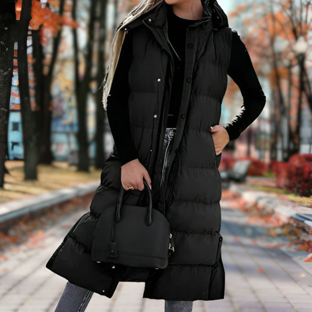 Langes Steppgilet Damen mit Kapuze – Ansicht 2
