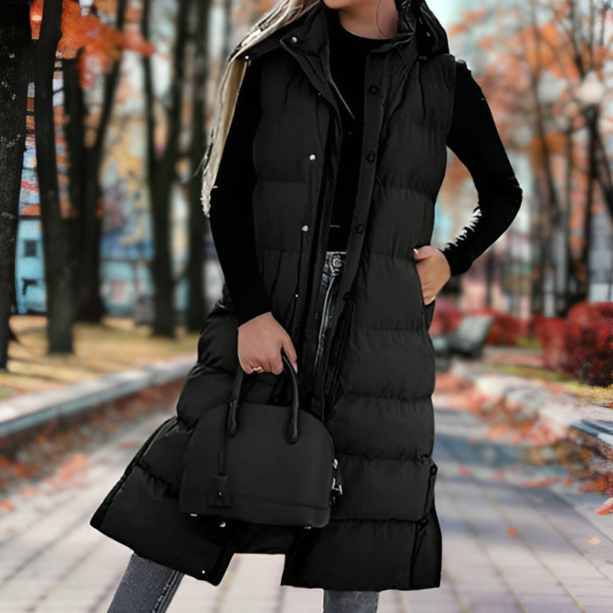 Langes Steppgilet Damen mit Kapuze – Ansicht 2