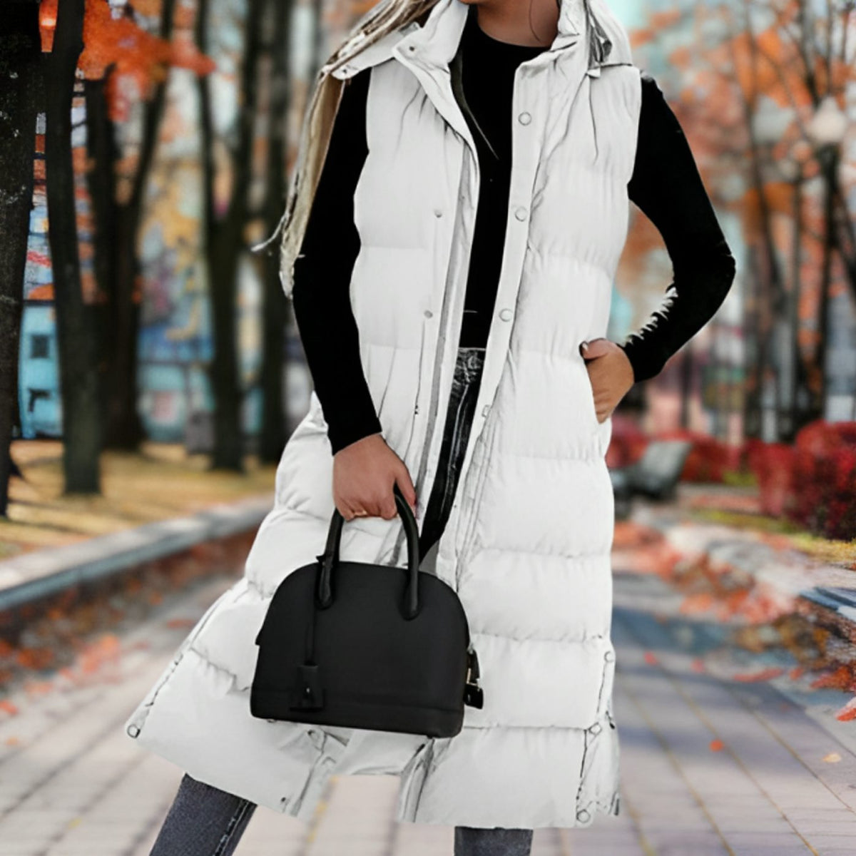 Langes Steppgilet Damen mit Kapuze – Ansicht 3