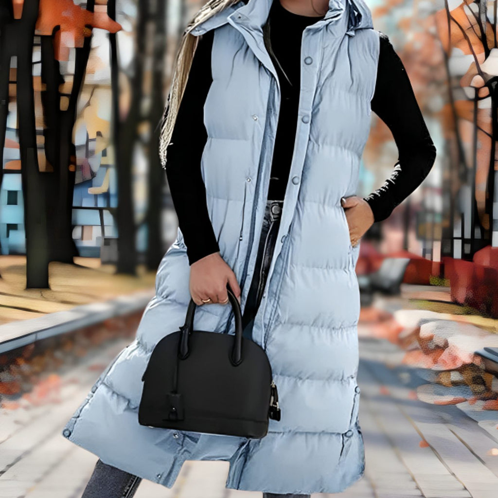 Langes Steppgilet Damen mit Kapuze – Ansicht 4