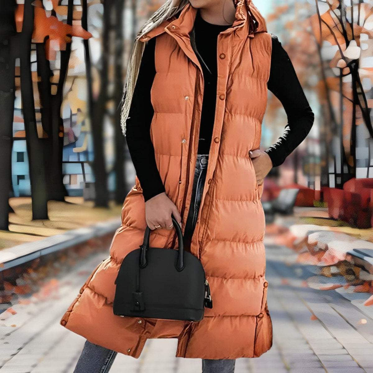 Langes Steppgilet Damen mit Kapuze – Ansicht 6