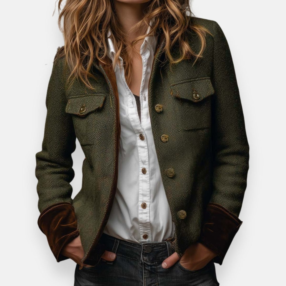 Tweed Jacke Damen grün mit Fischgrätmuster – Ansicht 2