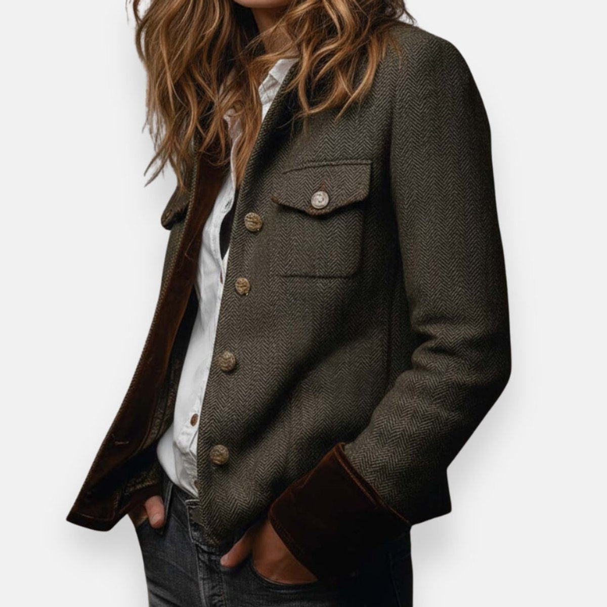 Tweed Jacke Damen grün mit Fischgrätmuster – Ansicht 5
